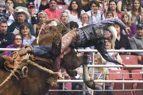July 23, 2018 - Edmonton, Alberta, Canada - Saddle bronc rider Justin Berg from Camrose, AB, in action during the K-Days Rodeo in Edmonton..On Sunday, July 22, 2018, in Edmonton, Alberta, Canada. Edmonton Canada - ZUMAn230 20180723_zaa_n230_489 Copyright: xArturxWidakx