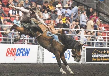 July 23, 2018 - Edmonton, Alberta, Canada - Saddle bronc rider Dawson Dahm from Duffield, AB, in action during the K-Days Rodeo in Edmonton..On Sunday, July 22, 2018, in Edmonton, Alberta, Canada. Edmonton Canada - ZUMAn230 20180723_zaa_n230_496 Copyright: xArturxWidakx