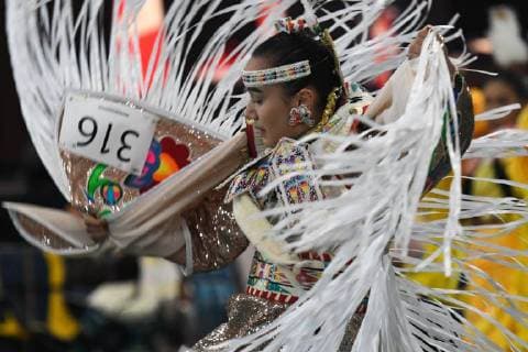 July 25, 2018 - Edmonton, Canada - A young member of the First Nations performs a traditional dance during the third annual traditional Pow Wow competition, at the K-Days Festival in Edmonton. .Over 700 First Nations dancers from dozens of different tribes will be featured at K-Days in Edmonton over three days this week..On Tuesday, July 24, 2018, in Edmonton, Alberta, Canada. Edmonton Canada  - ZUMAn230 20180725_zaa_n230_025 Copyright: xArturxWidakx