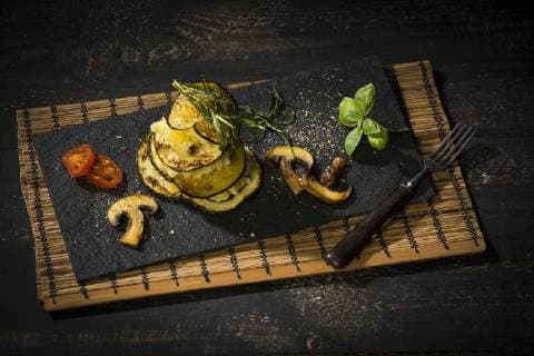 Vegan layered tower, potato mash, aubergine, zucchini and champignon  MAEF12659