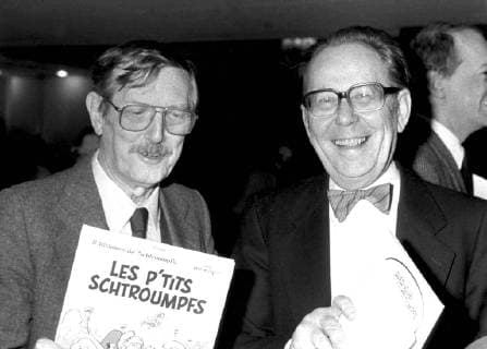 BRU02 - - BRUSSELS, BELGIUM : UNDATED FILE PICTURE shows comic strip drawer Maurice De Bevere, known as Morris (R), father of cow-boy Lucky Luke, posing besides Peyo (Pierre Culliford), father of the Schtroumphs - Smurfen. It was announced Thursday 19 July 2001 that Morris died on Tuesday 17 after a fall in Southern France. PHOTO  x678375x