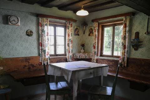 Museum fuer das laendliche Siedlungswesen der Region Bayerischer Wald. Bauernhaeuser und Hoefe. Bauernstube, Wohnstube, Tisch, Fenster, Blick nach draussen, Bauernhof, Vierseithof, Petzihof Museum fuer das laendliche Siedlungswesen der Region Bayerischer Wald. Bauernhaeuser und Hoefe., Germany, Finsterau, Freilicht Museum, 20180731