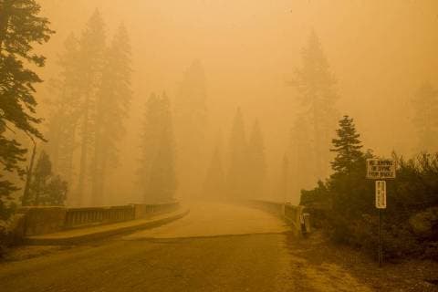 August 6, 2018 - Dardnelle, California, U.S.A - Highway 108 is a yellow tone and quiet except for fire crews as seen at the Dardanelles Bridge. The Donnell Fire in Tuolumne County has grown to 11,074 Acres according to the U.S. Forest Service. Dardnelle U.S.A - ZUMAbk2_ 20180806_zaf_bk2_013 Copyright: xMartyxBicekx