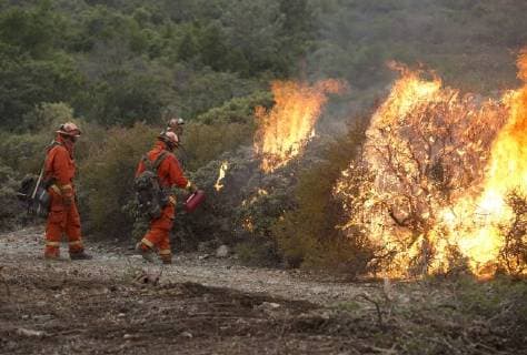 Firefightersl set a backfire along a ridge in Colusa County, California on August 7, 2018. The Mendocino Complex fire has become the largest in the state s history.  SXP2018080725 TERRYxSCHMITT
