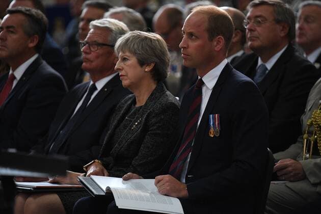 . 08 08 2018. Amiens, France. Commemorations marking the centenary of the Battle of Amiens. Prince William, The Duke of Cambridge, joined by the Prime Minister Theresa May attend Amiens Cathedral for the commemorations that tell the story of the Battle of Amiens, which heralded the Hundred Days Offensive and started the path to the Armistice in November 1918. Around 2,000 guests are attending the ceremony, which feature readings including diary extracts, letters, poems and personal accounts from those who were there.  xAndrewxParsonsx xi-Imagesx IIM-18329-0009