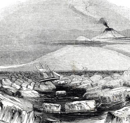 Engraving depicting Victoria Land and Mount Erebus and the extinct Mount Terror, discovered by James Clark Ross during his geographical survey of the Antarctic. Dated 19th century 917_05_WHA_121_0013