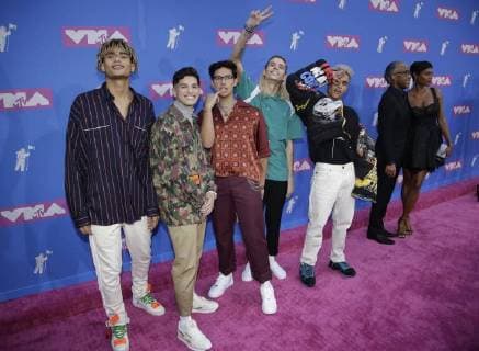 Members of the band PRETTYMUCH arrive on the red carpet at the 35th annual MTV Video Music Awards at Radio City Music Hall in New York City on August 20, 2018.  NYP20180820330 SERENAxXU-NING