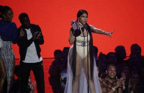 Niki Minaj accepts the Best Pop award during the 35th annual MTV Video Music Awards at Radio City Music Hall in New York City on August 20, 2018.  NYP20180820108 JOHNxANGELILLO
