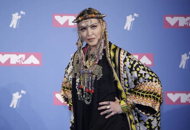 Madonna pose for photographers in the press room at the 35th annual MTV Video Music Awards at Radio City Music Hall in New York City on August 20, 2018.  NYP20180820433 SERENAxXU-NING