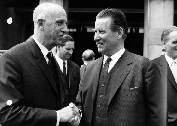 - BRUSSELS, BELGIUM (FILE) : This file picture dated 06 July 1966 is about North Atlantic Treaty Organization (NATO) meeting of 7 to 8 July 1966 at Brussels. This meeting was, among other, about measures following from France withdrawal of the organization integrated military structure and Supreme Headquarters Allied Powers Europe (SHAPE) headquarters moving to BENELUX (to Brussels). On the picture : Belgium Foreign Affairs Minister Pierre Harmel and Germany Foreign Affairs Minister Gerhard Schroder before the first day of the session. ARCHIVES  x34533319x