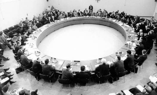 - This picture is about the North Atlantic Council, which gathered at NATO (North Atlantic Treaty Organisation) headquarters in Brussels, to hear US Secreatry of State George Shultz brief them on the Reykjavik summit between President Reagan and Secretary General Mikhail Gorbatchov (Brussels, Belgium). ARCHIVES  x34573955x
