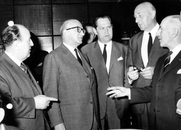 - BRUSSELS, BELGIUM (FILE) : This file picture dated 25 March 1968 is the sight of a European Agriculture ministers meeting. On the picture : Hermann Hocherl (Germany), Edgard Faure (France), Pierre Lardinois (the Netherlands), Sicco Mansholt (European Economic Community Vice-President) and Charles Heger (Belgium). ARCHIVES  x34616226x