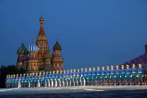 MOSCOW, RUSSIA â€“ AUGUST 24, 2018: Honour Guard of the Russian Presidential Regiment perform at the opening of the 2018 Spasskaya Tower International Military Music Festival, in Moscow s Red Square. Anton Novoderezhkin TASS  TS08DEBD
