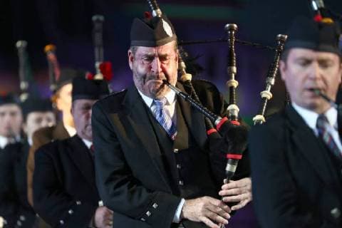 MOSCOW, RUSSIA â€“ AUGUST 24, 2018: Member of the Celtic Massed Pipes and Drums Band perform at the opening of the 2018 Spasskaya Tower International Military Music Festival, in Moscow s Red Square. Anton Novoderezhkin TASS  TS08DEC1