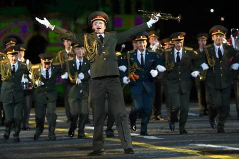 MOSCOW, RUSSIA â€“ AUGUST 24, 2018: Members of the Combined Military Band of the Russian National Guard perform at the opening of the 2018 Spasskaya Tower International Military Music Festival, in Moscow s Red Square. Anton Novoderezhkin TASS  TS08DEE0