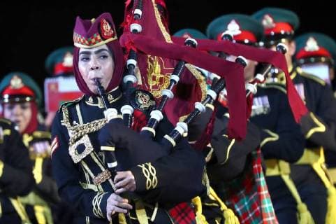 MOSCOW, RUSSIA â€“ AUGUST 24, 2018: Members of the Military Band of the Royal Guards of Oman perform at the opening of the 2018 Spasskaya Tower International Military Music Festival, in Moscow s Red Square. Anton Novoderezhkin TASS  TS08DEEA