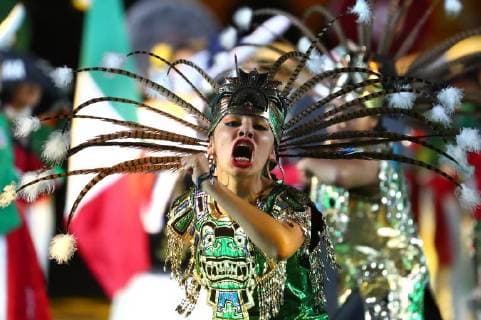 MOSCOW, RUSSIA â€“ AUGUST 24, 2018: Members of the Banda Monumental de Mexico perform at the opening of the 2018 Spasskaya Tower International Military Music Festival, in Moscow s Red Square. Anton Novoderezhkin TASS  TS08DF05
