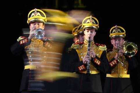 MOSCOW, RUSSIA â€“ AUGUST 24, 2018: Members of the Russian Defence Ministry s Central Military Band perform at the opening of the 2018 Spasskaya Tower International Military Music Festival, in Moscow s Red Square. Anton Novoderezhkin TASS  TS08DF0D