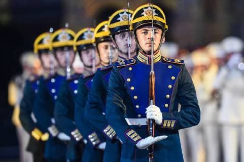 (180824) -- MOSCOW, Aug. 24, 2018 -- The Honor Guard of the Presidential Regiment of Russia performs during the International Military Music Festival Spasskaya Tower on the Red Square in Moscow, Russia, on Aug. 24, 2018. Spasskaya Tower is an annual military music festival. The festival is held from Aug. 24 to Sept. 2 this year. ) RUSSIA-MOSCOW-MILITARY MUSIC FESTIVAL EvgenyxSinitsyn 