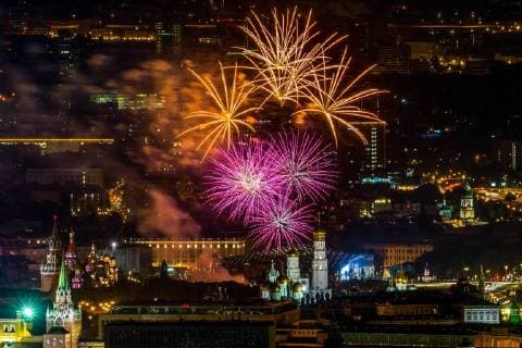 MOSCOW, RUSSIA â€“ AUGUST 24, 2018: Fireworks go off as the 2018 Spasskaya Tower International Military Music Festival opens in Moscow s Red Square. Anton Novoderezhkin TASS  TS08DF11