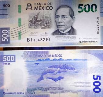 August 27, 2018 - EUM20180827ECO02.JPG .CIUDAD DE MEXICO. MoneyBilletes-500 pesos.- Aspectos de la presentacion del nuevo diseno del billete de 500 pesos, con la imagen de Benito Juarez al frente. Incluye mejoras de seguridad, funcionalidad y durabilidad, informa Alejandro Alegre Rabiela, director general de Emision del Banco de Mexico. Foto: Agencia EL UNIVERSALIvan StephensEELG Copyright: xElxUniversalx
