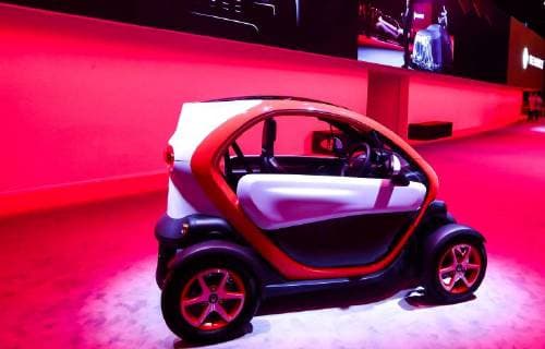 MOSCOW REGION, RUSSIA - AUGUST 29, 2018: A Renault Twizy two-seat electric car on display at the 2018 Moscow International Motor Show at the Crocus Expo exhibition center. Stanislav Krasilnikov TASS  TS08E50D