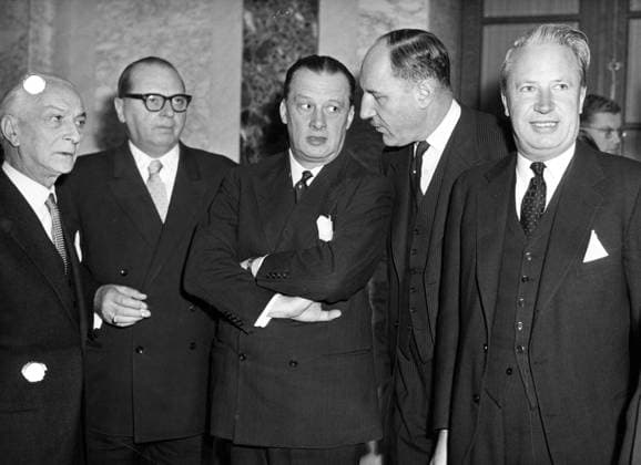 - BRUSSELS, BELGIUM (FILE) : This file picture dated 17 November 1960 is about a meeting between the Minister of the Western European Union. On the picture : Antonio Segni (Italy), Heinrich von Brentano (Germany), Pierre Wigny (Belgium), Joseph Luns (Netherlands), Edward Heath (United Kingdom). ARCHIVES  x37607059x