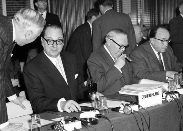 - BRUSSELS, BELGIUM (FILE) : This file picture dated 16 March 1959 shows an european meeting between the six members countries. On the picture : the German representatives : Heinrich von Brentano, Mr Ophuls, Mr Erhardt. ARCHIVES  x37607247x