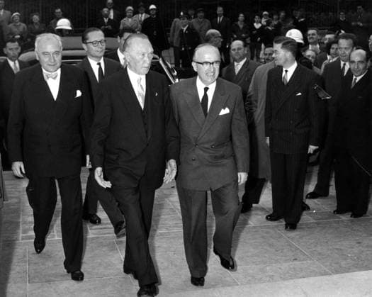 - BRUSSELS, BELGIUM (FILE) : This file picture dated 07 October 1958 is about Chancellor Konrad Adenauer visit to Belgium. On the picture : Konrad Adenauer with Walter Hallstein and Mr Ophuls at Europe Common Market headquarters (Brussels). ARCHIVES  x37607354x