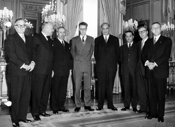 - BRUSSELS, BELGIUM (FILE) : This file picture dated 18 November 1959 is about a meeting of Finance Ministers of the European Economic Community. The meeting took place at Brussels Palace. On the picture : King Baudouin with Mr Van den Berg State Secretary of Finances (Netherlands), Jean Van Houtte (Belgium), Antoine Pinay (France), Franz Etzel (Germany), Athos Valsecchi State Secretary of Finances (Italy), Jelle Zijlstra (Netherlands) and Pierre Werner (Luxembourg). ARCHIVES  x37607858x