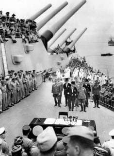 - UNLOCATED (FILE) : This file picture dated 30 Ausgust 1965 is about Japan surrender. On the picture : Japanese Minister of Foreign Affairs Mamoru Shigemitsu on an american boat. He is about to sign the surrender official act (Instrument of Surrender). ARCHIVES  x40491408x