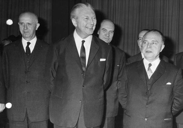 Chacellor Kiesinger with MM. Harmel and Eyskens. (BELGA ARCHIVES)  x8965887x
