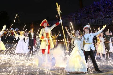 MOSCOW, RUSSIA â€“ AUGUST 31, 2018: Couples in period costumes dancing at 2018 Spasskaya Tower International Military Music Festival, in Moscow s Red Square. Marina Lystseva TASS  TS08E93F