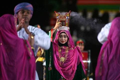 MOSCOW, RUSSIA â€“ AUGUST 31, 2018: Members of the Military Band of the Royal Guards of Oman and the Special Arts Troupe perform at 2018 Spasskaya Tower International Military Music Festival, in Moscow s Red Square. Marina Lystseva TASS  TS08E94D
