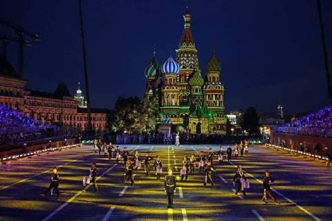 MOSCOW, RUSSIA - SEPTEMBER 2, 2018: A ceremony to close the 2018 Spasskaya Tower International Military Music Festival takes place in Moscow s Red Square. Marina Lystseva TASS  TS08EE1B