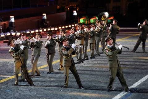 MOSCOW, RUSSIA - SEPTEMBER 2, 2018: Members of the Combined Military Band of the Russian National Guard perform at a ceremony to close the 2018 Spasskaya Tower International Military Music Festival in Moscow s Red Square. Marina Lystseva TASS  TS08EE42