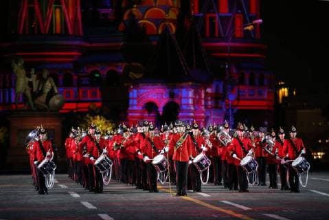 MOSCOW, RUSSIA - SEPTEMBER 2, 2018: Members of Britainâ€™s Brentwood Imperial Youth Band perform at a ceremony to close the 2018 Spasskaya Tower International Military Music Festival in Moscow s Red Square. Marina Lystseva TASS  TS08EE3F
