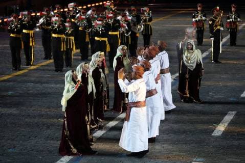 MOSCOW, RUSSIA - SEPTEMBER 2, 2018: Members the Military Band of Omanâ€™s Royal Guards perform at a ceremony to close the 2018 Spasskaya Tower International Military Music Festival in Moscow s Red Square. Marina Lystseva TASS  TS08EE4B