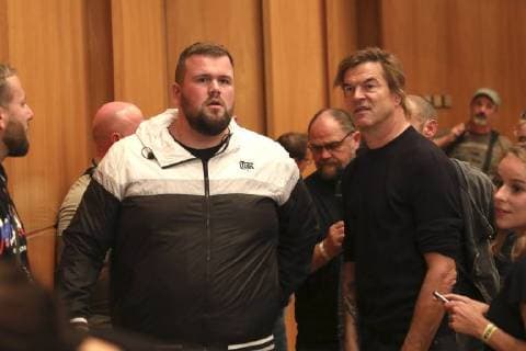 Jan Monchi Gorkow von Feine Sahne Fischfilet und Campino von den Toten Hosen bei der Pressekonferenz zum wirsindmehr-Konzert gegen Rechts in der Stadthalle. Chemnitz, 03.09.2018