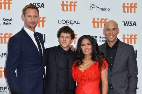 (L-R) Alexander Skarsgard, Jesse Eisenberg, Salma Hayek and director Kim Nguyen arrive for the premiere of The Hummingbird Project at the Princess of Wales Theatre during the Toronto International Film Festival in Toronto, Canada on September 8, 2018.  TOR2018090820 CHRISTINExCHEW
