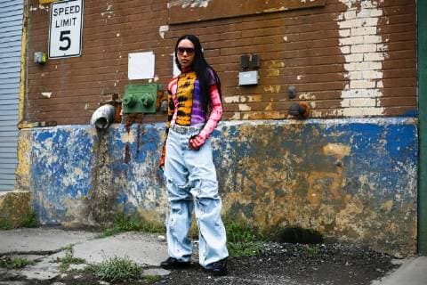 Aleali May posing on the street outside the Eckhaus Latta show during New York Fashion Week - Sept 8, 2018 - NYFW: Spring 2019 Street Style Day 3, New York City New York United States  Copyright: xValentinaxRanierix h_00540897