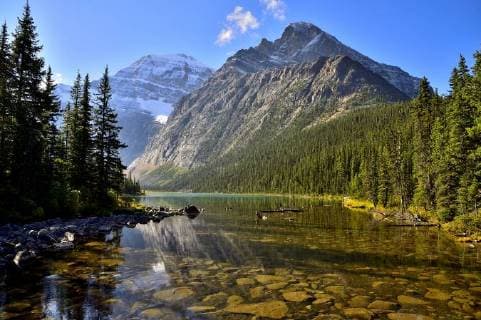 An autumn landscape image of Cavel Lake with Mount Edith Cavel in the background taken in Jasper National Park, Alberta, Canada  acp118571 RobertxBxMcGouey