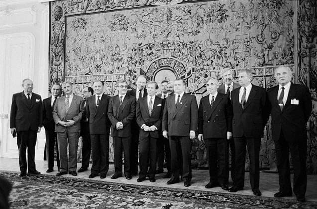 The Czechoslovak President Vaclav Havel formally ended the Warsaw Treaty Organization of Friendship, Cooperation and Mutual Assistance and so disestablished the Warsaw Treaty after 36 years of military alliance with the USSR, at the last session of its political committee in Prague, Czechoslovakia, on July 1st, 1991. On the photo from left: Foreign Minister of Poland Krzysztof Skubiszewski, Soviet Foreign Minister Alexander Bessmertnykh, Czechoslovak Foreign Minister Jiri Dienstbier, xxx, President of Romania Ion Iliescu, Soviet Vice-President Gennady Yanayev, Czechoslovakia s Premier Marian Calfa, Vaclav Havel, Prime Minister of Romania Peter Roman, Prime Minister of Poland Jan K. Bielecki, President of Poland Lech Walesa, President of Bulgaria Zhelyu Zhelev, Minister of Foreign Affairs of Hungary Geza Jeszenszky, Prime Minister of Hunga