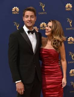 Actors Justin Hartley and Chrishell Hartley attend the 70th annual Primetime Emmy Awards at the Microsoft Theater in downtown Los Angeles on September 17, 2018.  LAP20180917457 CHRISTINExCHEW