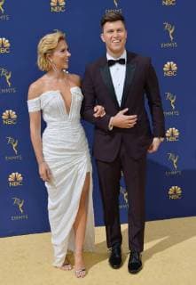 Actors Scarlett Johansson (L) and Colin Jost attend the 70th annual Primetime Emmy Awards at the Microsoft Theater in downtown Los Angeles on September 17, 2018.  LAP20180917531 CHRISTINExCHEW