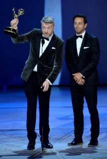 Charlie Brooker (L) and William Bridges accept the Outstanding Writing for a Limited Series, Movie, or Dramatic Special award for Black Mirror: USS Callister , onstage during the 70th annual Primetime Emmy Awards at the Microsoft Theater in downtown Los Angeles on September 17, 2018.  LAP20180917986 JIMxRUYMEN