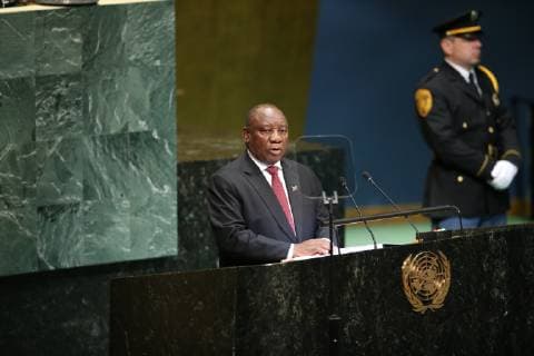 (180925) -- UNITED NATIONS, Sept. 25, 2018 -- South African President Cyril Ramaphosa (Front) addresses the General Debate of the 73rd session of the United Nations General Assembly at the UN headquarters in New York, on Sept. 25, 2018. ) UN-73RD GENERAL ASSEMBLY-GENERAL DEBATE QinxLang 