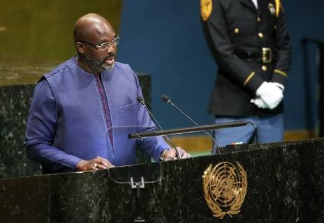 (180926) -- UNITED NATIONS, Sept. 26, 2018 -- Liberian President George Weah addresses the General Debate of the 73rd session of the United Nations General Assembly at the UN headquarters in New York, on Sept. 26, 2018. ) UN-73RD GENERAL ASSEMBLY-GENERAL DEBATE QinxLang 