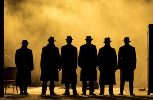 Chorsolisten als schwarze Silhouette vor gelb orange Hintergrund, am 26.09.2018 bei der Fotoprobe zum Musiktheater Psychothriller DIE TOTE STADT, in der Berliner Komischen Oper Unter den Linden, Premiere 30.09.2018 Die tote Stadt - Berlin