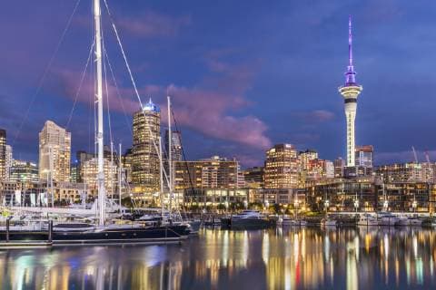 Viaduct Harbour waterfront area and Auckland Marina at night, Auckland skyline, Sky Tower, Auckland, North Island, New Zealand, Pacific Copyright: NealexClark 698-3354